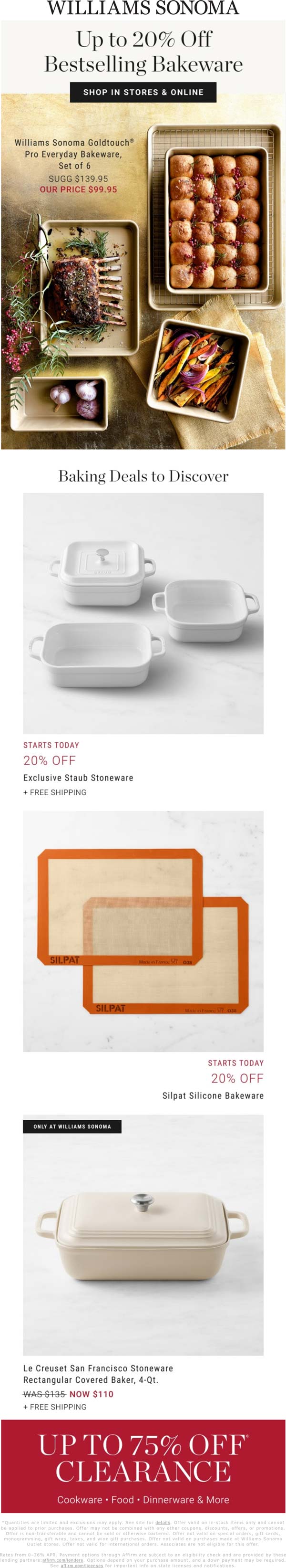 Williams Sonoma stores Coupon  20% off bakeware at Williams Sonoma, ditto online #williamssonoma 