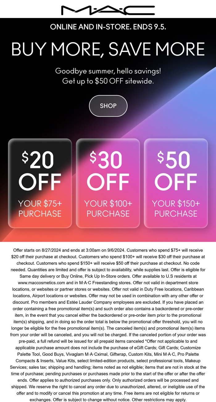 MAC stores Coupon  $20-$50 off $75+ at MAC cosmetics, ditto online #mac 