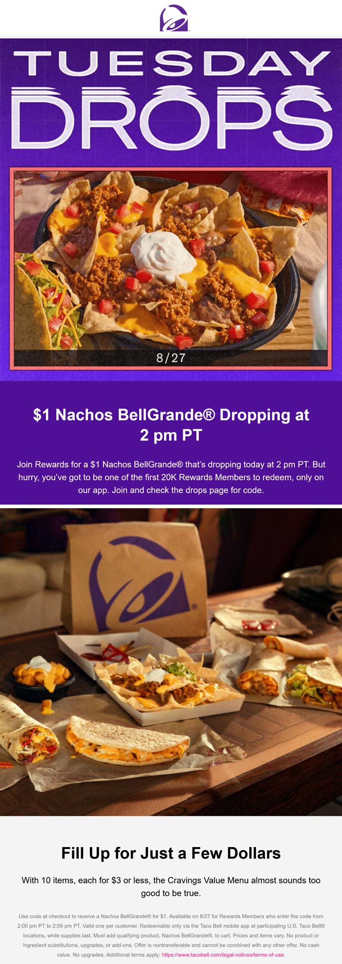 Taco Bell restaurants Coupon  First 20k score $1 Nachos BellGrande 2p PST today at Taco Bell #tacobell 