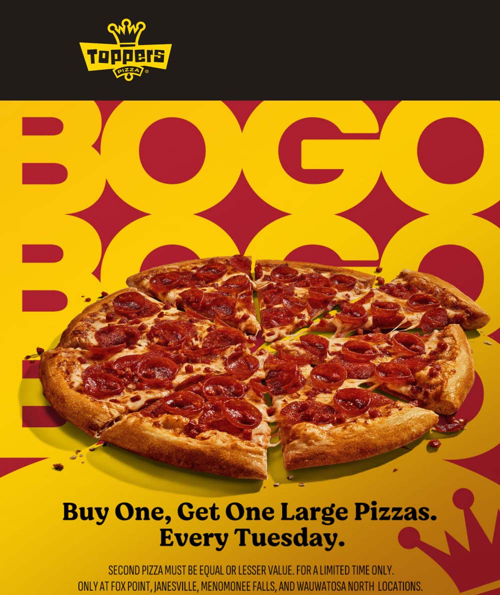 Toppers restaurants Coupon  Second pizza free today at Toppers #toppers 