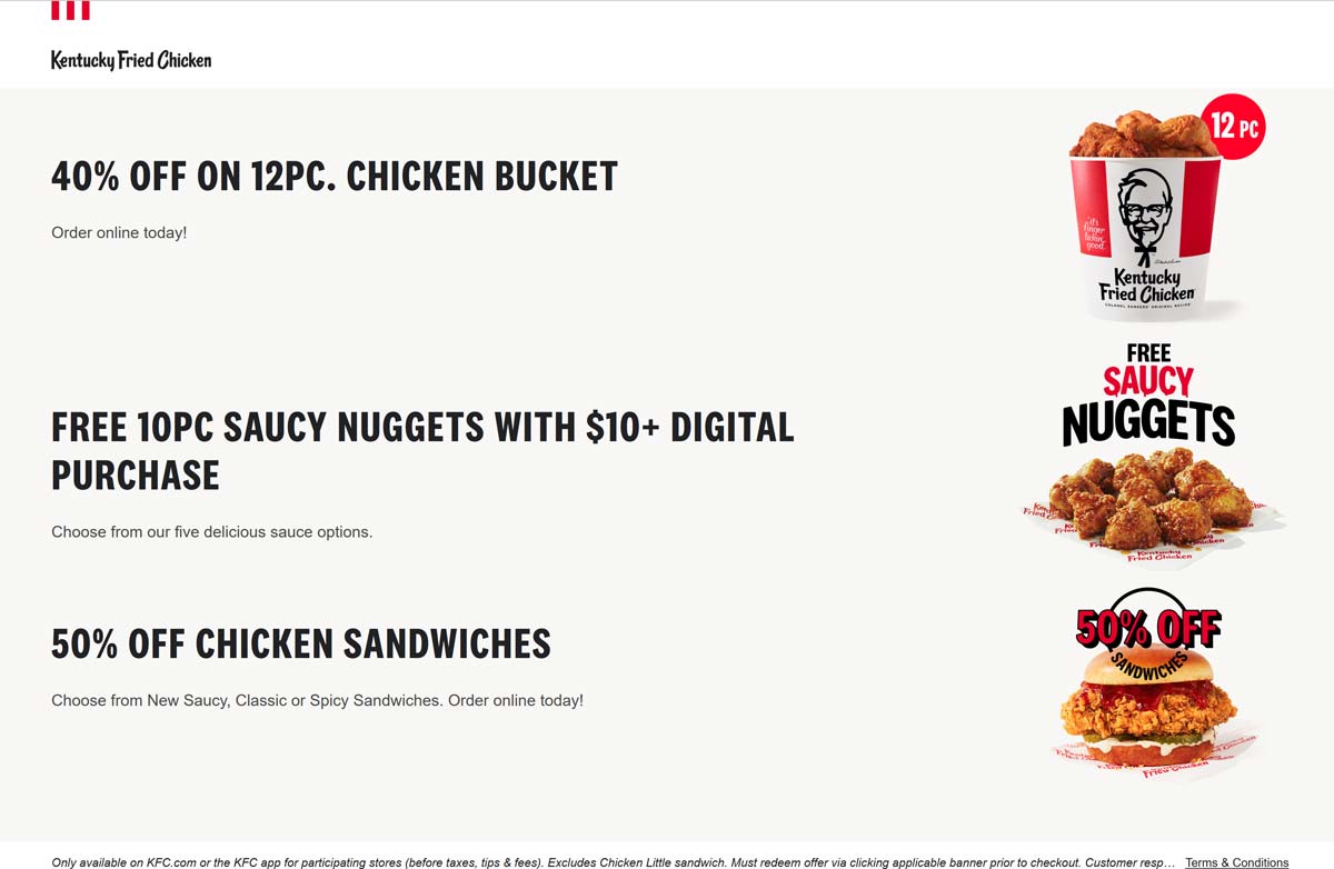 KFC restaurants Coupon  40% off 12pc chicken bucket & more online at KFC #kfc 