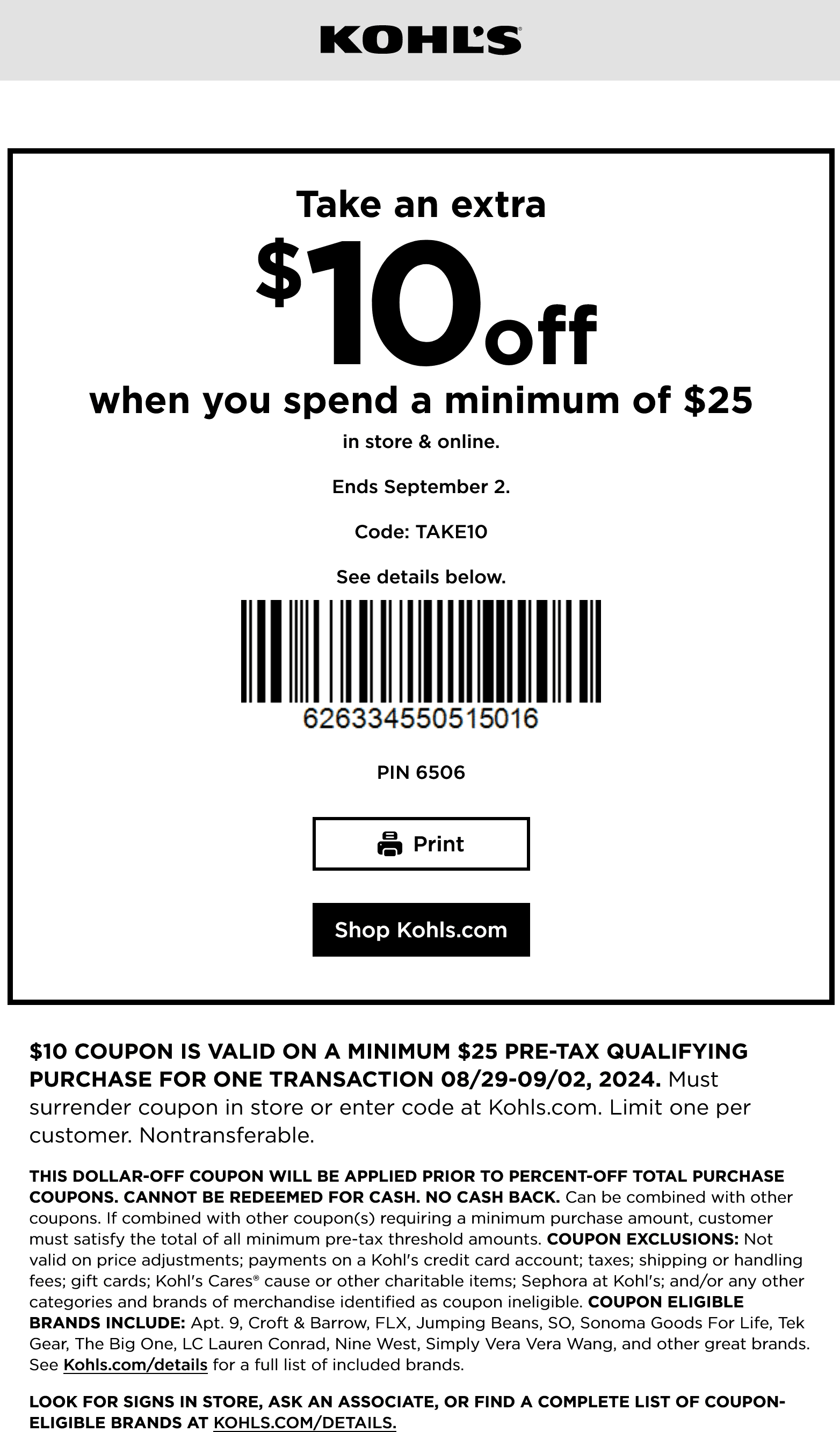 Kohls stores Coupon  $10 off $25 at Kohls, or online via promo code TAKE10 #kohls 