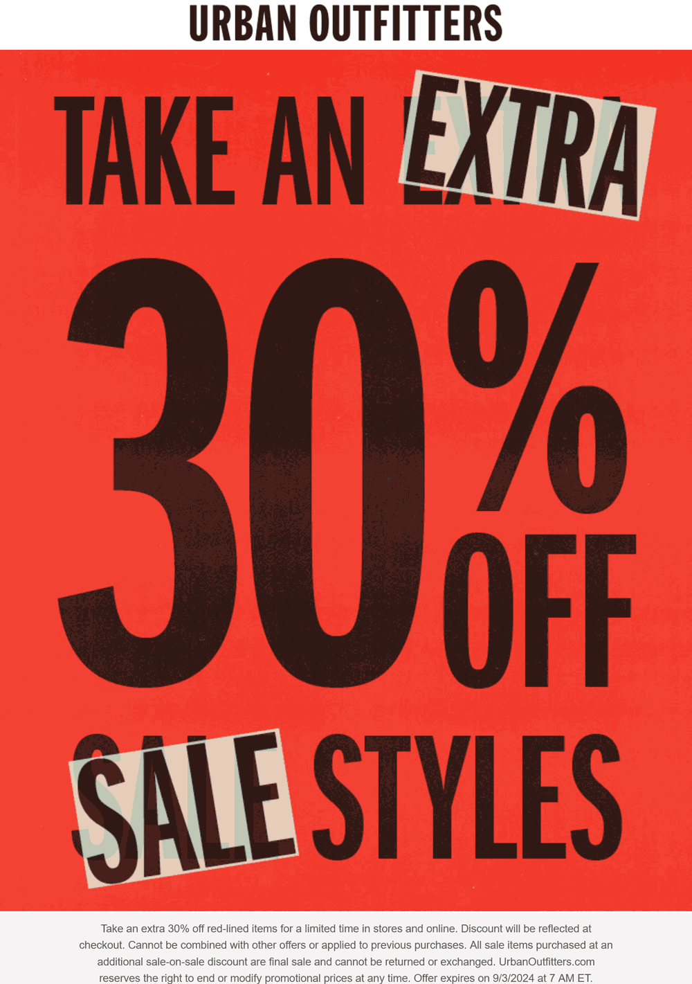 Urban Outfitters stores Coupon  Extra 30% off sale items at Urban Outfitters, ditto online #urbanoutfitters 