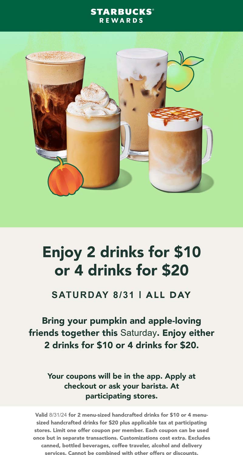 Starbucks restaurants Coupon  4 for $20 via login today at Starbucks coffee #starbucks 