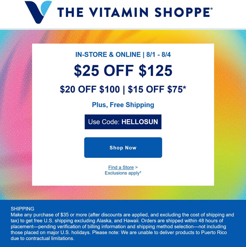 The Vitamin Shoppe coupons & promo code for August 2025