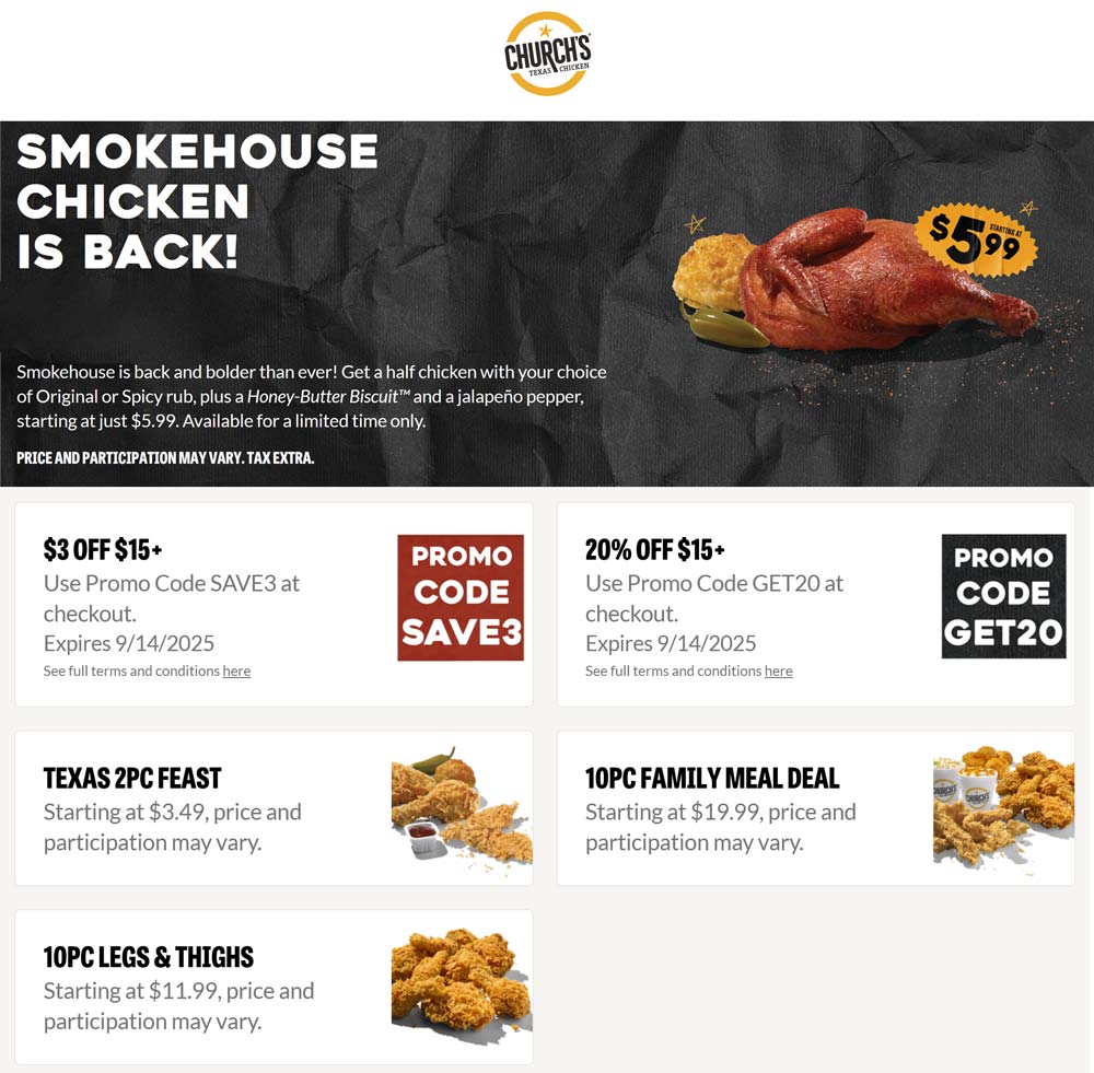 Churchs Texas Chicken coupons & promo code for August 2025