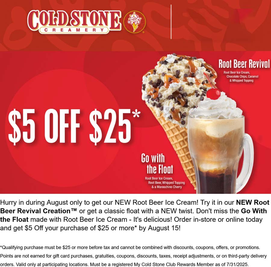 Cold Stone Creamery restaurants Coupon  Ice cream is $5 off $25 at Cold Stone Creamery #coldstonecreamery 