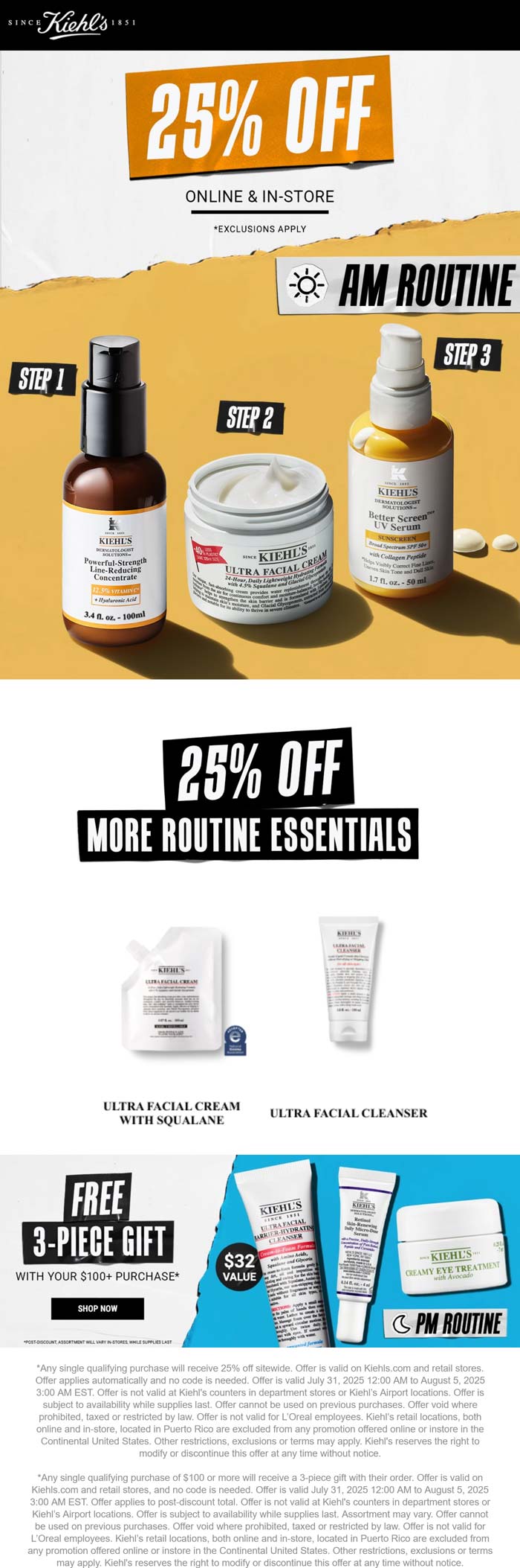 Kiehls stores Coupon  25% off essentials at Kiehls, ditto online #kiehls 