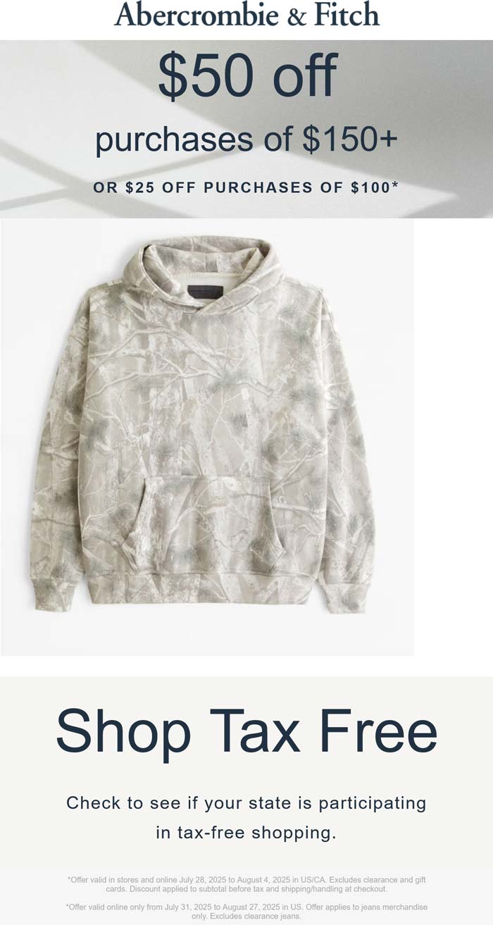 Abercrombie & Fitch stores Coupon  $25-$50 off $100+ at Abercrombie & Fitch #abercrombiefitch 
