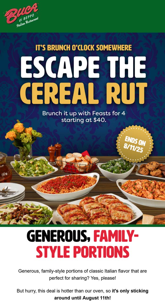 Buca di Beppo restaurants Coupon  Feasts for 4 = $40 at Buca di Beppo restaurants #bucadibeppo 