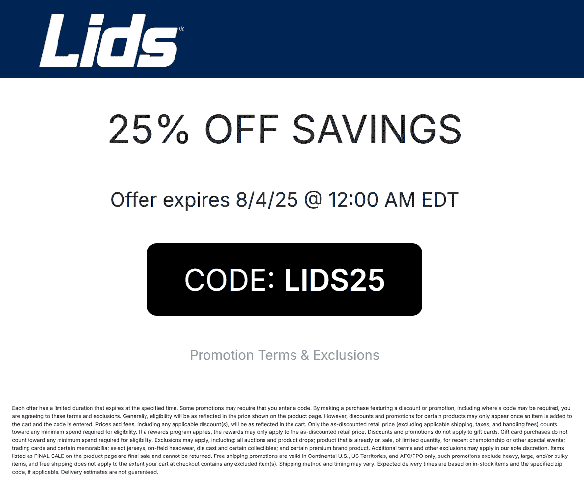 Lids coupons & promo code for August 2025