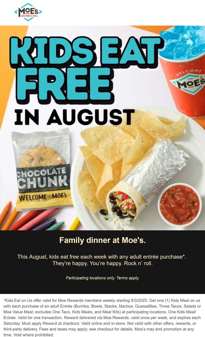 Moes Southwest Grill restaurants Coupon  Free kids meal with yours this month at Moes Southwest Grill #moessouthwestgrill 