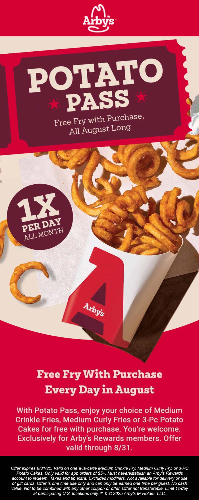 Arbys restaurants Coupon  Free fries or potato cakes on $5+ all month via mobile at Arbys #arbys 
