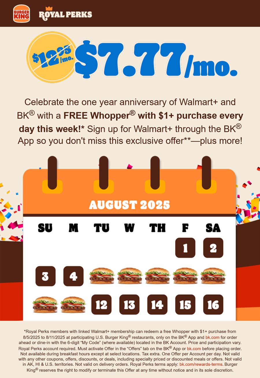 Burger King restaurants Coupon  Free whopper daily on $1 via Walmart+ at Burger King restaurants #burgerking 