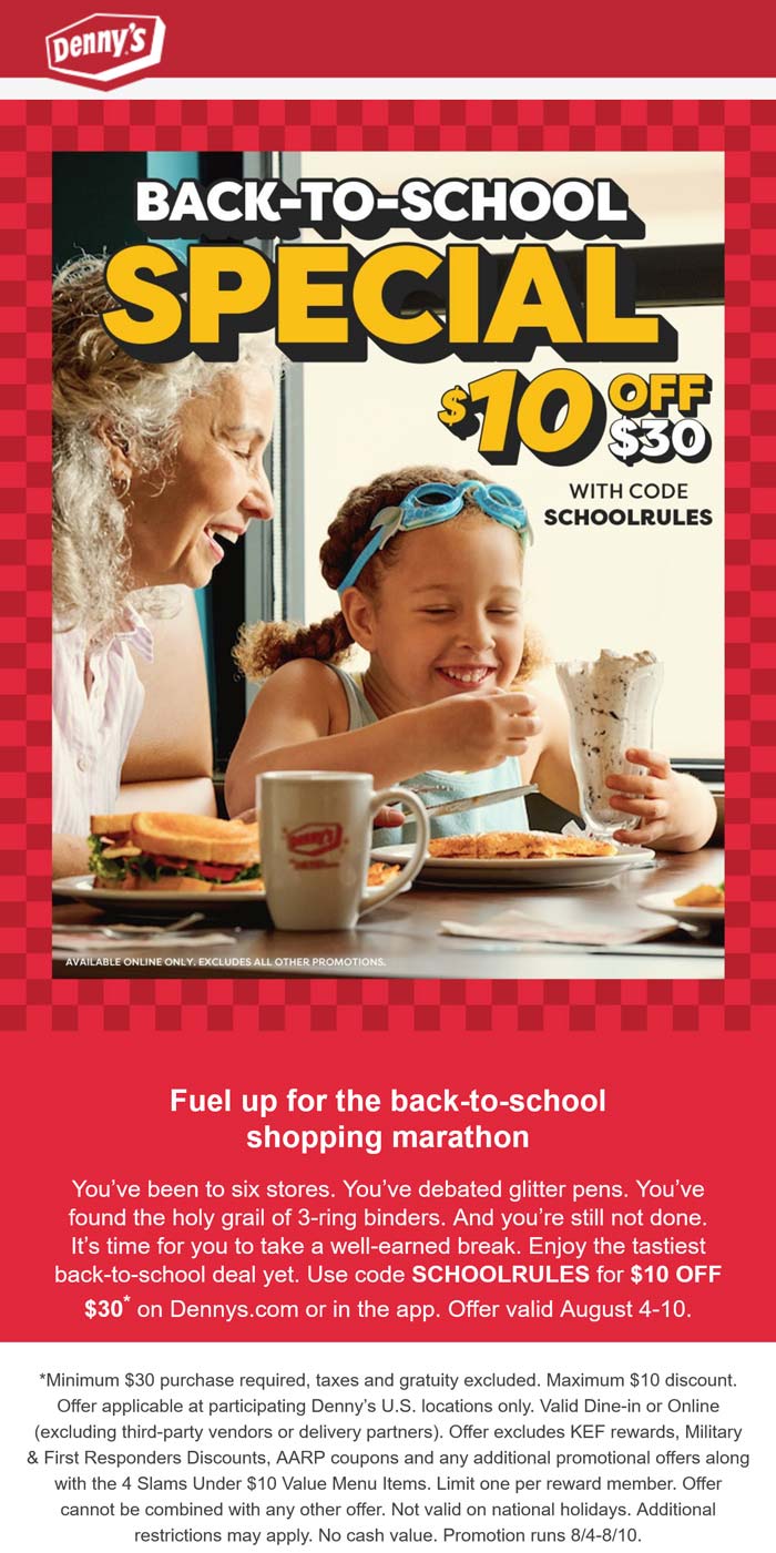 Dennys restaurants Coupon  $10 off $30 at Dennys restaurants via promo code SCHOOLRULES #dennys 