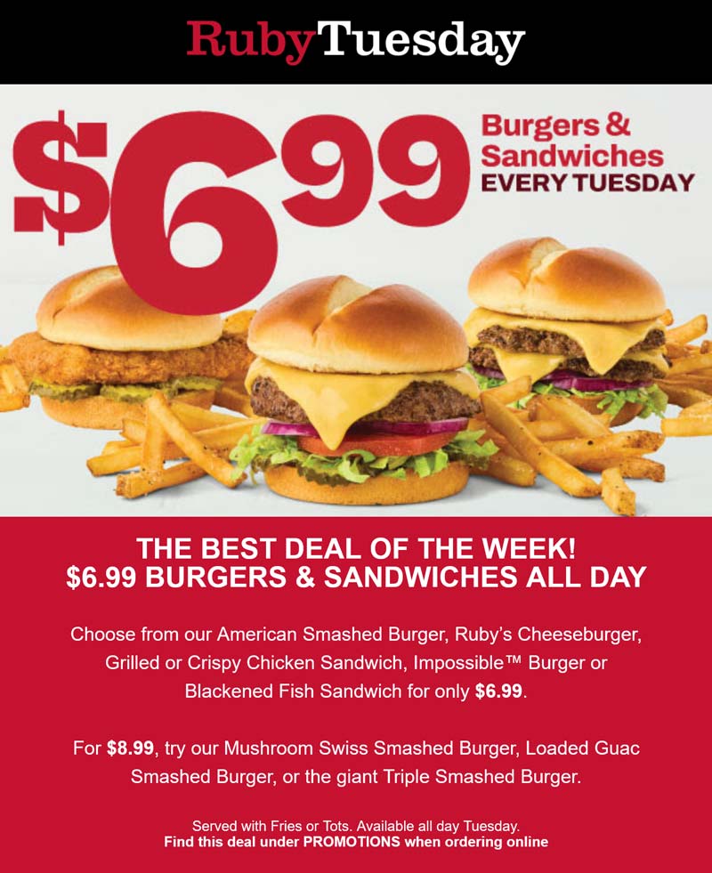 Ruby Tuesday restaurants Coupon  Cheeseburger or sandwich + fries = $7 today at Ruby Tuesday #rubytuesday 