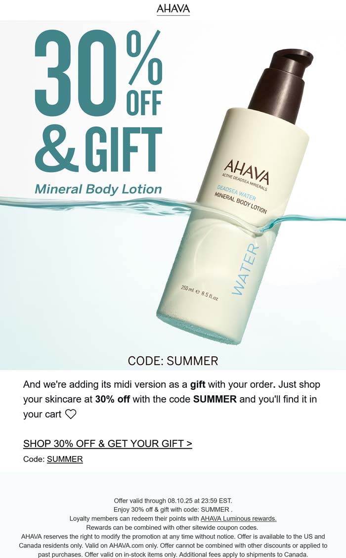 AHAVA stores Coupon  30% off & more at AHAVA via promo code SUMMER #ahava 