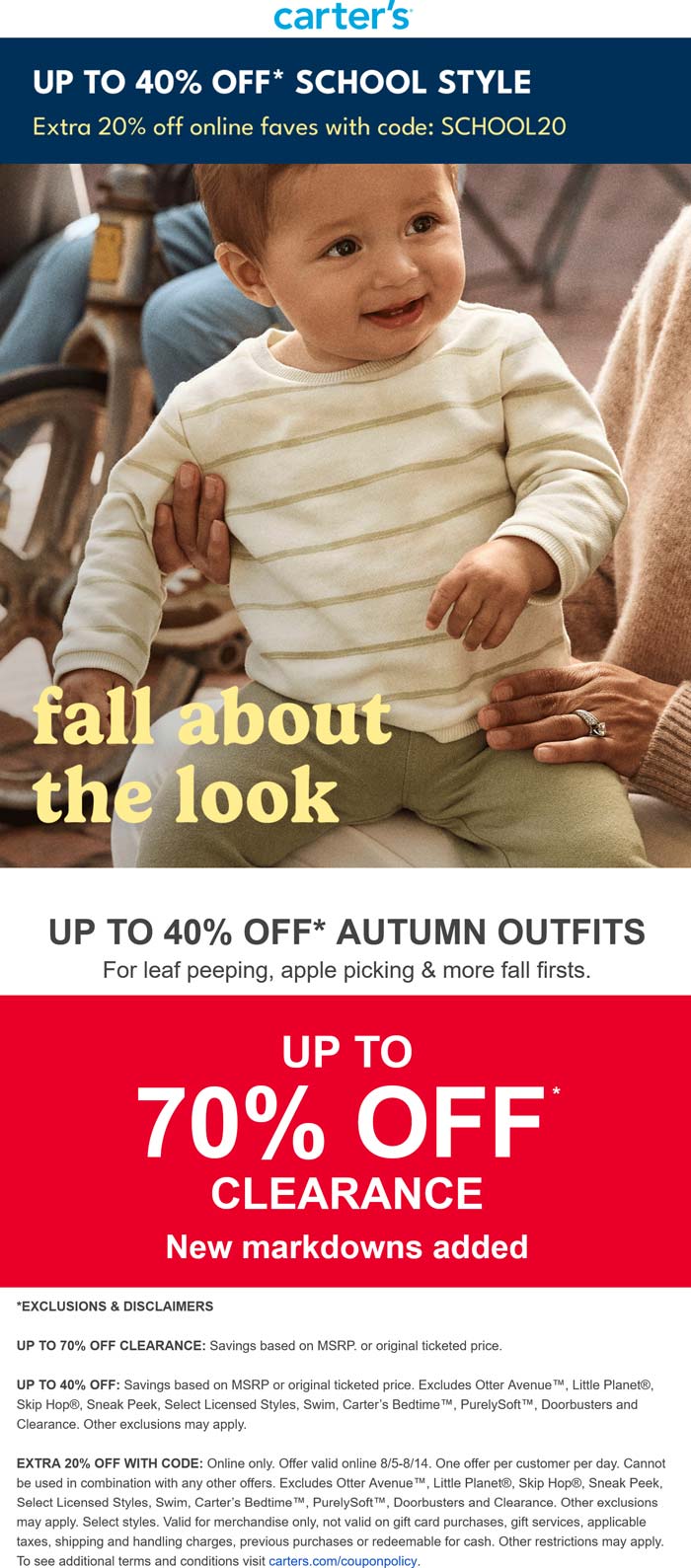 Carters stores Coupon  Extra 20-40% off school styles at Carters via promo code SCHOOL20 #carters 