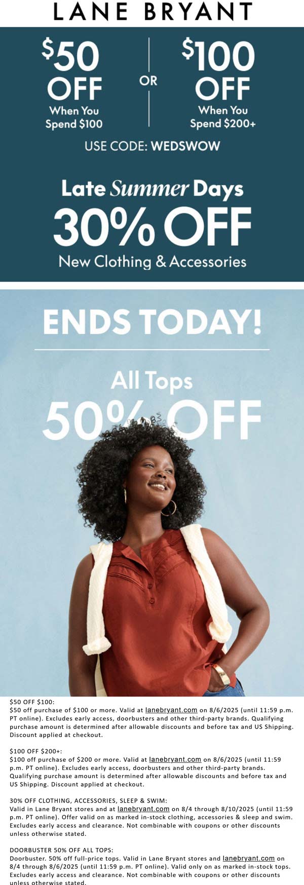 Lane Bryant stores Coupon  $50-$100 off $100+ online today at Lane Bryant via promo code WEDSWOW #lanebryant 