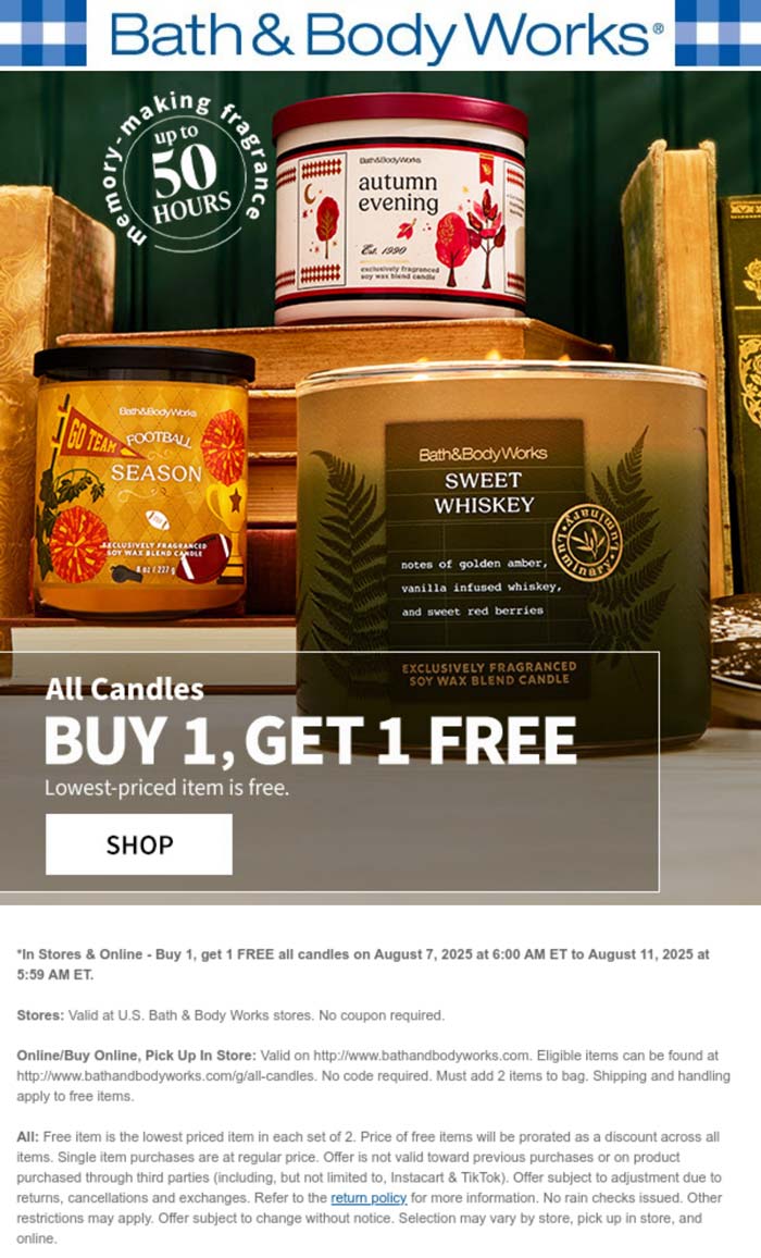 Bath & Body Works stores Coupon  Second candle free at Bath & Body Works, ditto online #bathbodyworks 