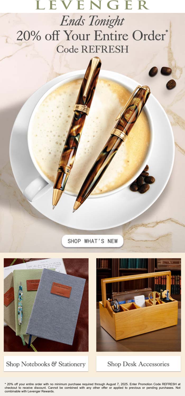 Levenger stores Coupon  20% off everything today at Levenger via promo code REFRESH #levenger 
