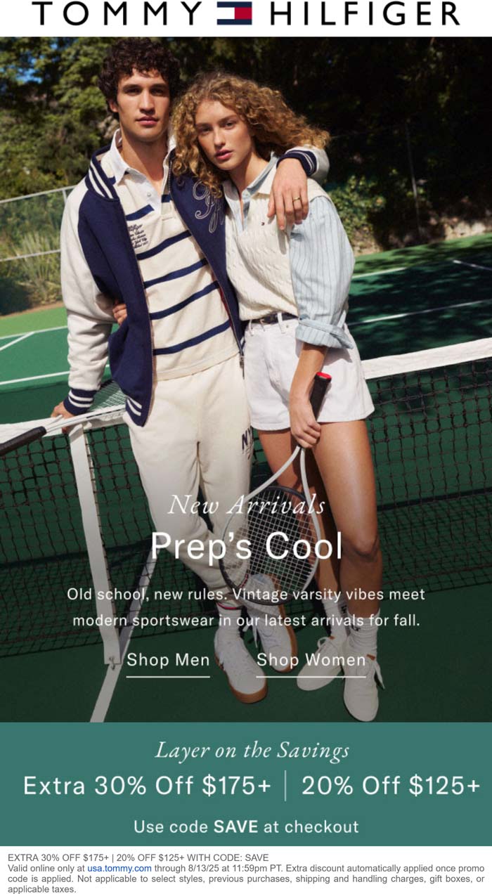 Tommy Hilfiger stores Coupon  20-30% off $125+ at Tommy Hilfiger via promo code SAVE #tommyhilfiger 