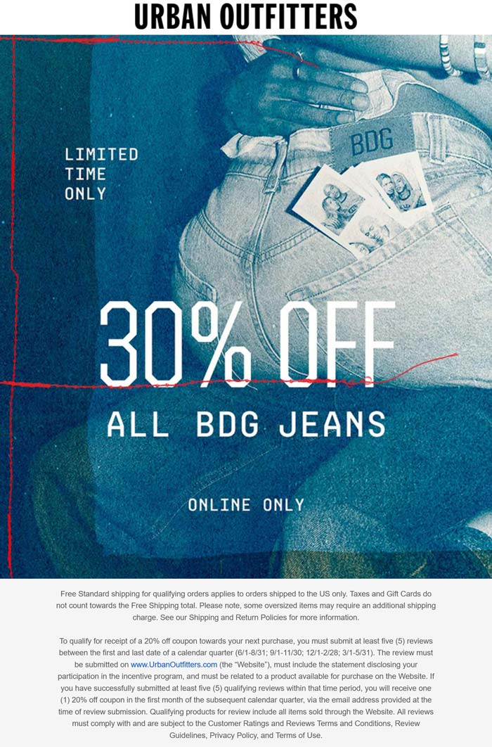 Urban Outfitters stores Coupon  30% off BDG jeans online at Urban Outfitters #urbanoutfitters 