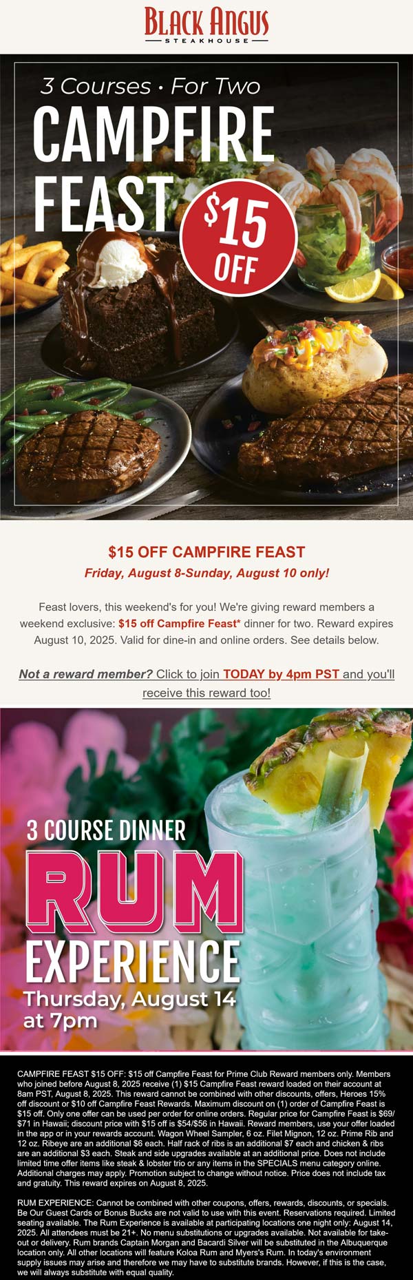 Black Angus restaurants Coupon  $15 off campfire feast dinner for 2 via login at Black Angus steakhouse #blackangus 