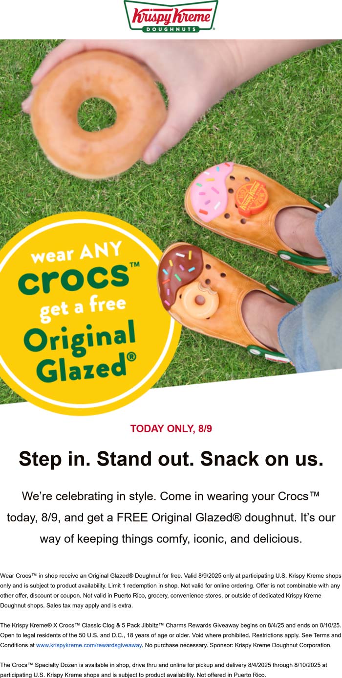 Krispy Kreme restaurants Coupon  Free glazed doughnut today wearing Crocs at Krispy Kreme #krispykreme 
