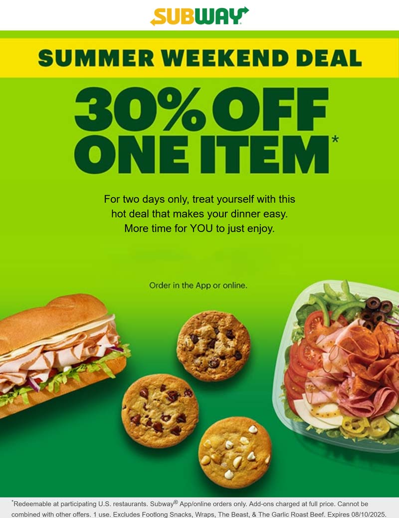 Subway coupons & promo code for August 2025