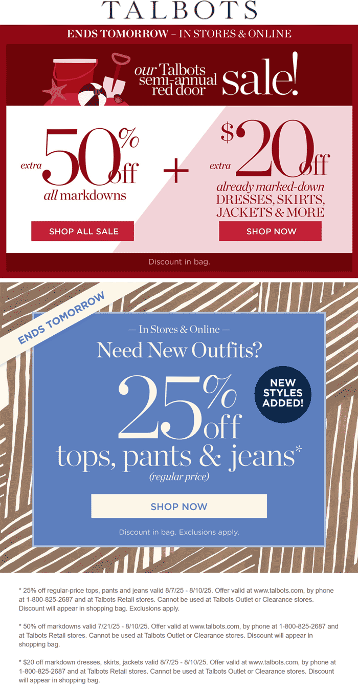 Talbots stores Coupon  Extra 50% off sale items & more at Talbots, ditto online #talbots 