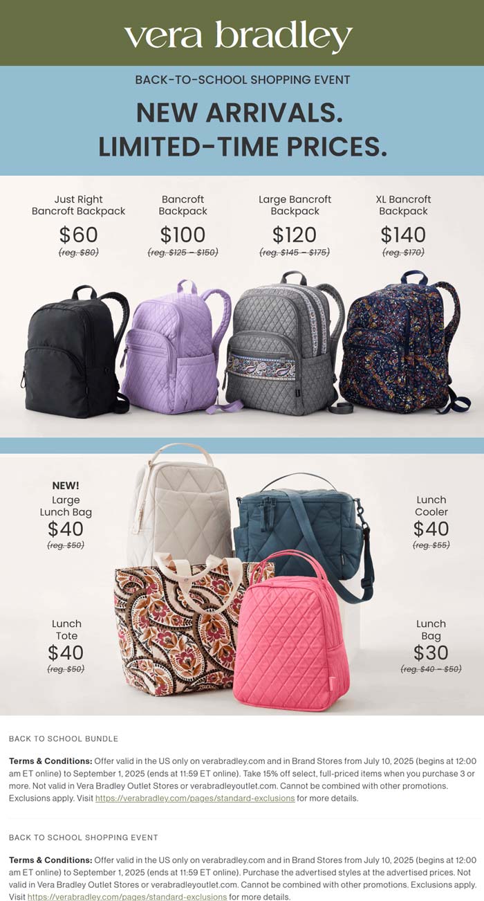 Vera Bradley restaurants Coupon  20-40% off backpacks and lunch bags at Vera Bradley #verabradley 