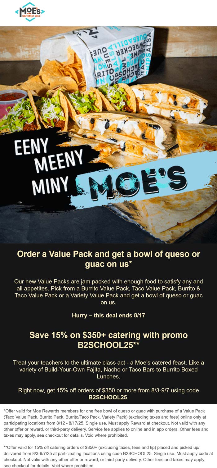 Moes Southwest Grill restaurants Coupon  Free bowl of guac or queso with your value pack at Moes Southwest Grill #moessouthwestgrill 