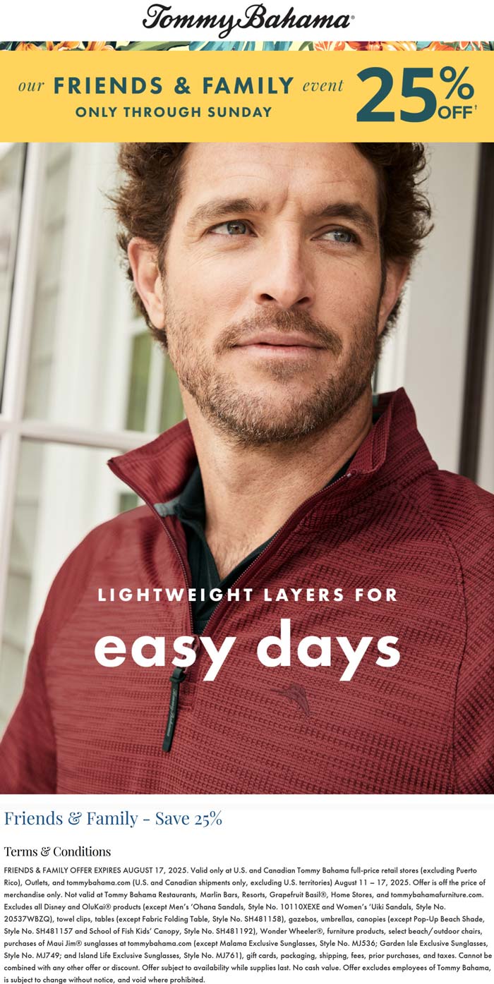Tommy Bahama stores Coupon  25% off at Tommy Bahama, ditto online #tommybahama 