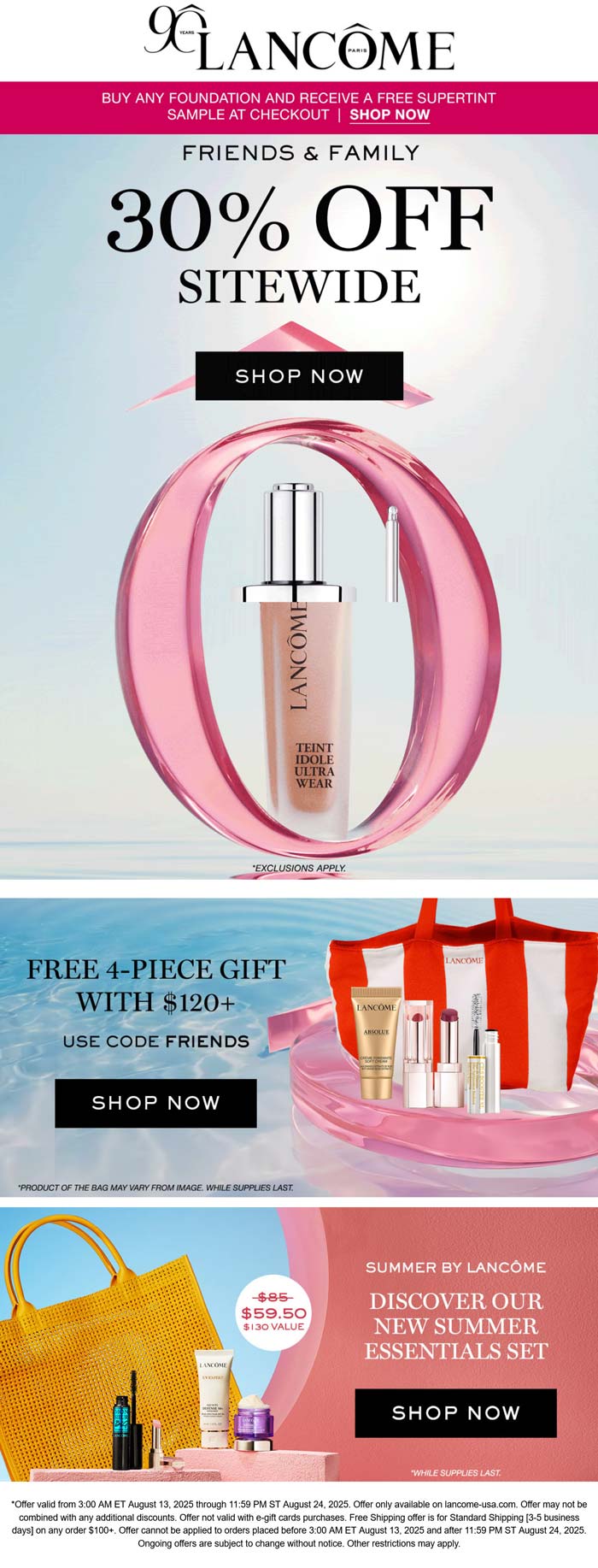 Lancome stores Coupon  30% off everything + free 4pc on $120 at Lancome via promo code FRIENDS #lancome 
