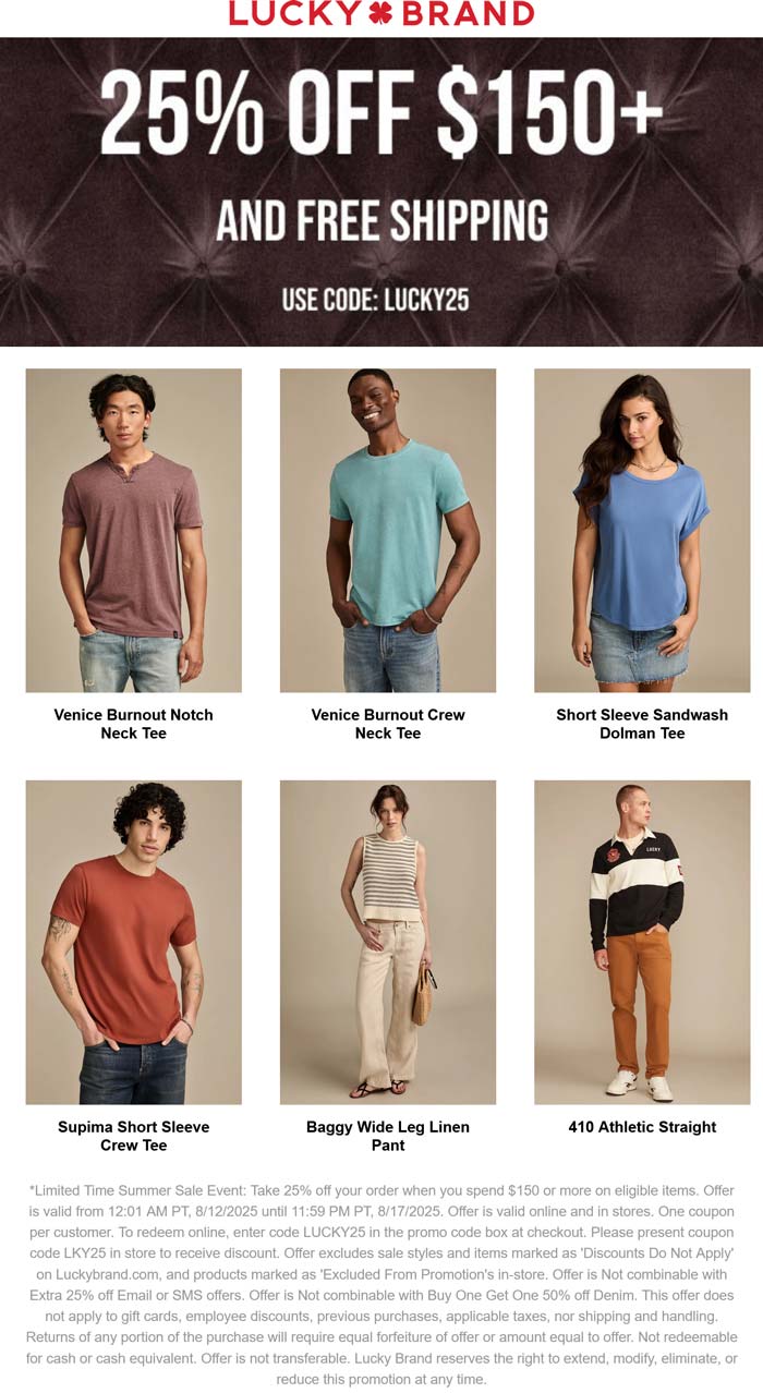 Lucky Brand stores Coupon  25% off $150 at Lucky Brand, or online via promo code LUCKY25 #luckybrand 