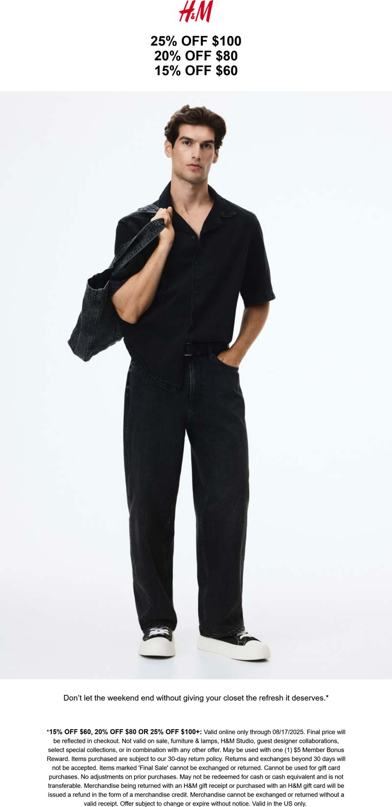 H&M stores Coupon  15-25% off $60+ online today at H&M #hm 