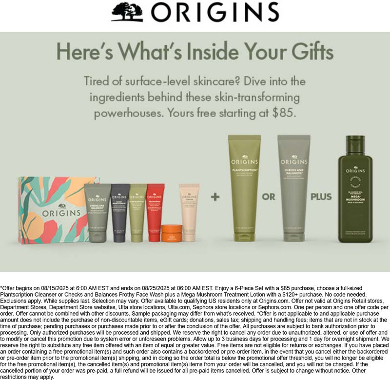 Origins stores Coupon  Free 6pc set on $85+ online at Origins #origins 