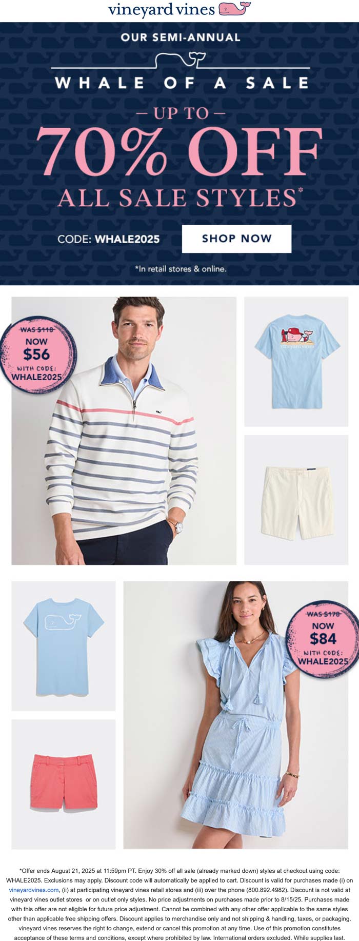 Vineyard Vines stores Coupon  30-70% off sale styles at Vineyard Vines, or online via promo code WHALE2025 #vineyardvines 