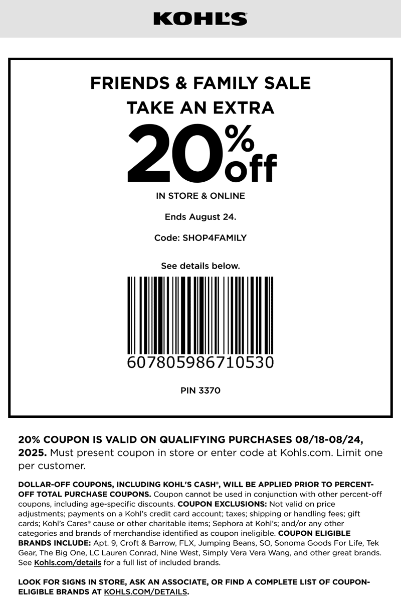 Kohls stores Coupon  Extra 20% off at Kohls, or online via promo code SHOP4FAMILY #kohls 