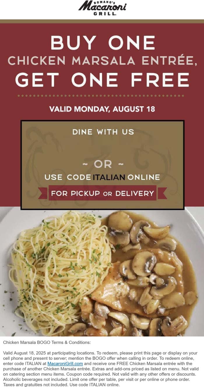 Macaroni Grill coupons & promo code for August 2025