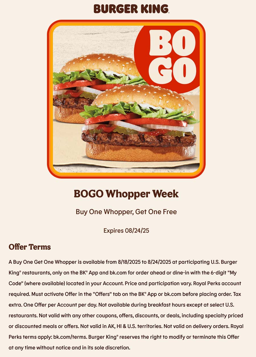 Burger King restaurants Coupon  Second whopper sandwich free at Burger King #burgerking 