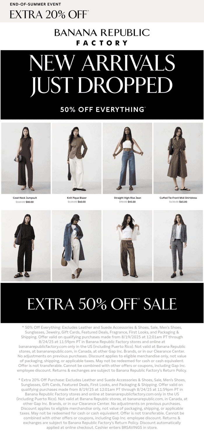 Banana Republic Factory coupons & promo code for August 2025