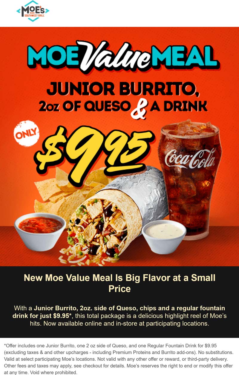 Moes Southwest Grill restaurants Coupon  Burrito + drink + queso = $10 at Moes Southwest Grill #moessouthwestgrill 