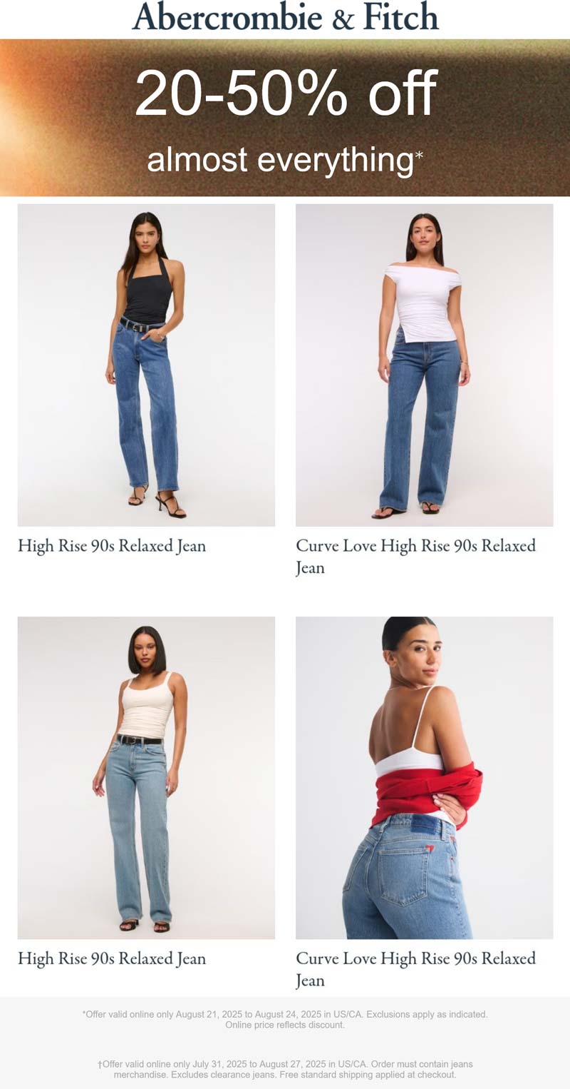 Abercrombie & Fitch stores Coupon  20-50% off today at Abercrombie & Fitch #abercrombiefitch 