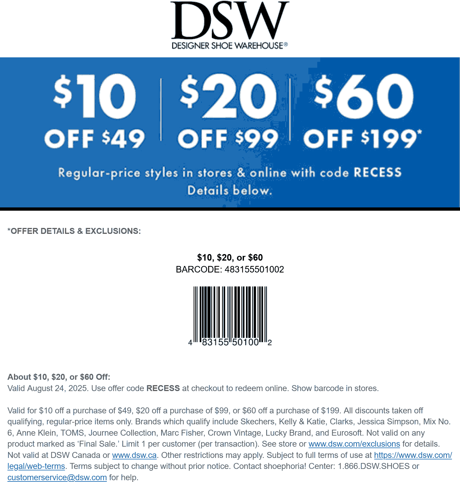 DSW stores Coupon  $10-$60 off $49+ shoes today at DSW, or online via promo code RECESS #dsw 