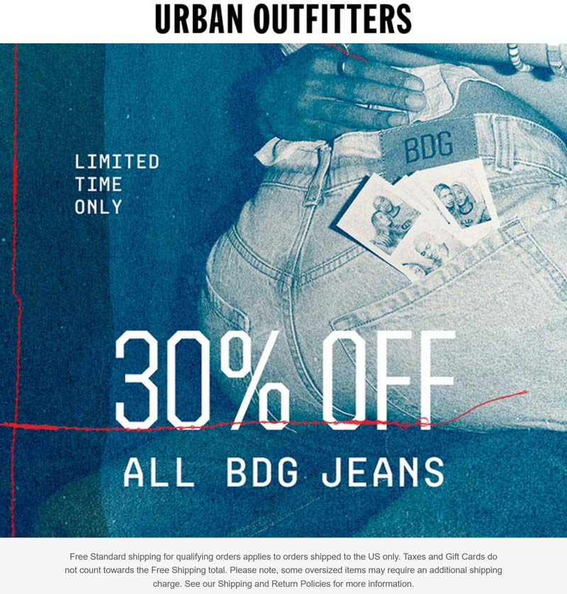 Urban Outfitters stores Coupon  30% off bdg jeans at Urban Outfitters #urbanoutfitters 