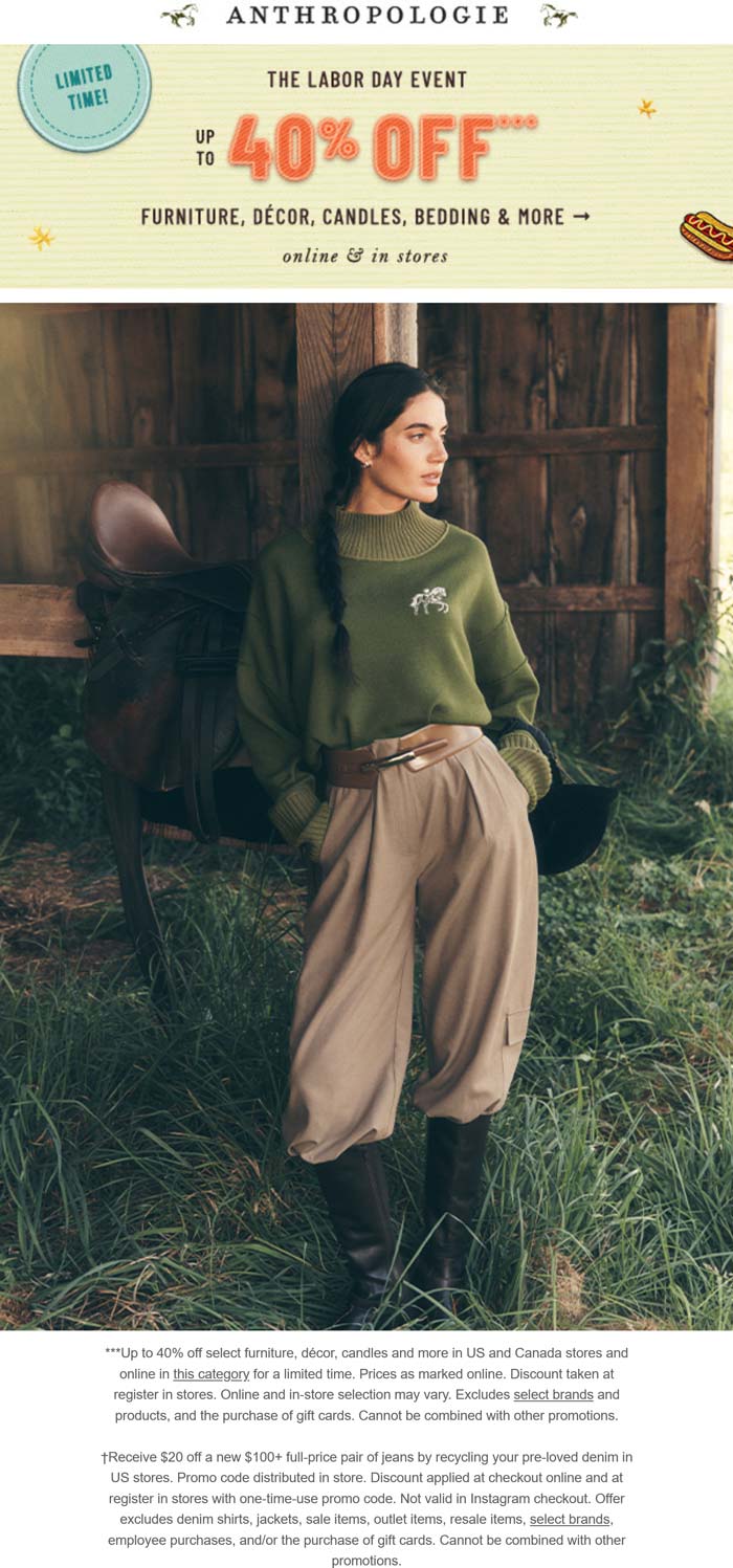 Anthropologie stores Coupon  20-40% off home & decor at Anthropologie, ditto online #anthropologie 