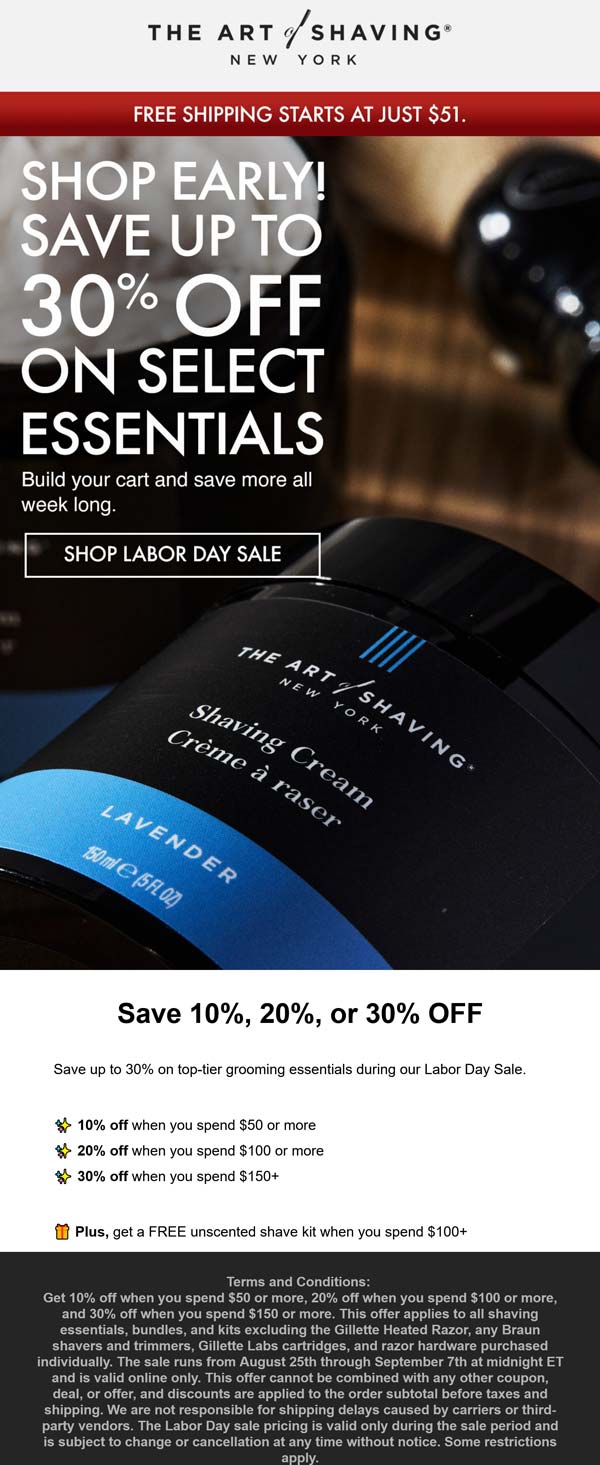 The Art of Shaving stores Coupon  10-30% off $50+ at The Art of Shaving #theartofshaving 