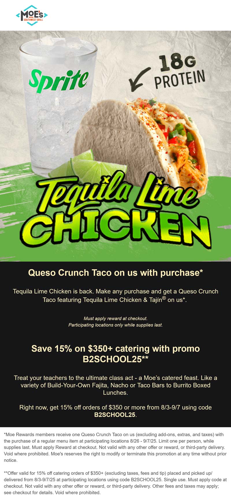 Moes Southwest Grill restaurants Coupon  Free chicken taco with your order via login at Moes Southwest Grill #moessouthwestgrill 